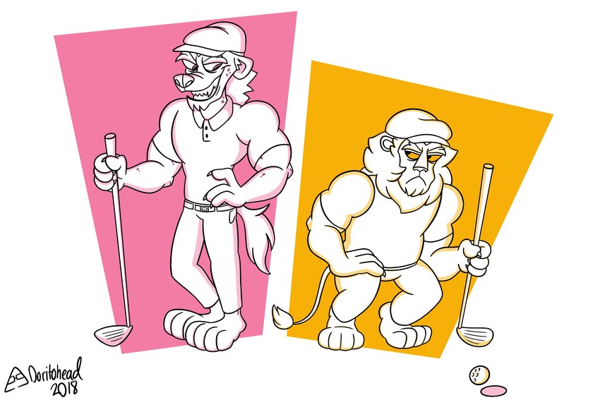 anthro barefoot biceps clothing duo feet fingers golf golf_ball golf_club hand_on_hip hat headgear headwear long_tail male mane mature_anthro mature_male muscular muscular_anthro muscular_male sharp_teeth simple_background smile sport standing tail teeth toes doritohead brent_abbott duilio_costello felid hyena lion mammal pantherine spotted_hyena 2018 3:2 artist_name hi_res monochrome signature sketch