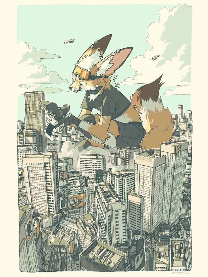 aircraft anthro city clothed clothing collar crouching eyewear goggles helicopter macro male solo vehicle serpent_x canid canine fox mammal hi_res