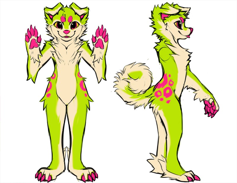 ambiguous_gender anthro arm_tuft chest_tuft fur green_body green_fur looking_at_viewer open_mouth pink_body pink_eyes pink_fur pink_nose simple_background smile solo sparklefur tail tongue tongue_out tuft white_body white_fur wrist_tuft yellow_sclera falvie falvie_(character) canid canine canis fionbri mammal 2019 digital_media_(artwork)