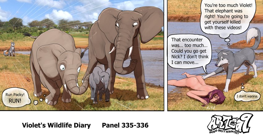 4_toes 5_fingers age_difference ambiguous_gender asking asking_another asking_for_favor barefoot big_butt big_fangs biped black_border black_eyebrows black_text blue_eyes blush border breath brown_eyes butt cheek_tuft chest_tuft claws clenched_teeth cloud command command_to_move concern_for_another countershade_face countershade_torso countershading day dialogue digitigrade dipstick_tail ellipsis exclamation_point eyebrows facial_markings facial_tuft fangs feet female feral fingers fluffy fluffy_tail foot_on_butt forepaw_on_butt forest front_view fur fur_markings fur_tuft grass grey_body grey_countershading grey_fur grey_markings grey_paws grey_skin grey_text group hair half-closed_eyes hand_on_butt head_markings hooves inner_monologue lake larger_ambiguous larger_feral leg_markings long_hair looking_at_another looking_back looking_down lying markings motion_lines multicolored_body multicolored_fur name_drop name_in_dialogue narrowed_eyes nude number older_ambiguous older_feral on_front on_grass on_ground onomatopoeia outside panting paws photo_background pink_body pink_skin plant proboscis_(anatomy) purple_eyebrows purple_eyes purple_hair purple_nose pushing quadruped question question_mark questioning running running_away scared side_view sitting size_difference sky smaller_ambiguous smaller_female smaller_feral smaller_human sound_effects species_in_inner_monologue speech_bubble speed_lines standing tail tail_markings talking_to_another teeth text thinking thought_bubble thoughtful_expression three-quarter_view tired toe_claws toes translucent_speech_bubble translucent_thought_bubble tree trunk_(anatomy) tuft two_panel_image two_tone_body two_tone_fur walking water white_border white_text wide_eyed worried yes-no_question young young_ambiguous young_feral younger_ambiguous younger_feral artca9 arther_(artca9) indigo_(artca9) jane_(artca9) packy_(artca9) violet_(artca9) african_elephant canid canine canis domestic_dog elephant elephantid human husky mammal mouse murid murine nordic_sled_dog proboscidean rodent spitz 2022 colored comic digital_drawing_(artwork) digital_media_(artwork) english_text hi_res multiple_scenes photography_(artwork) shaded watermark