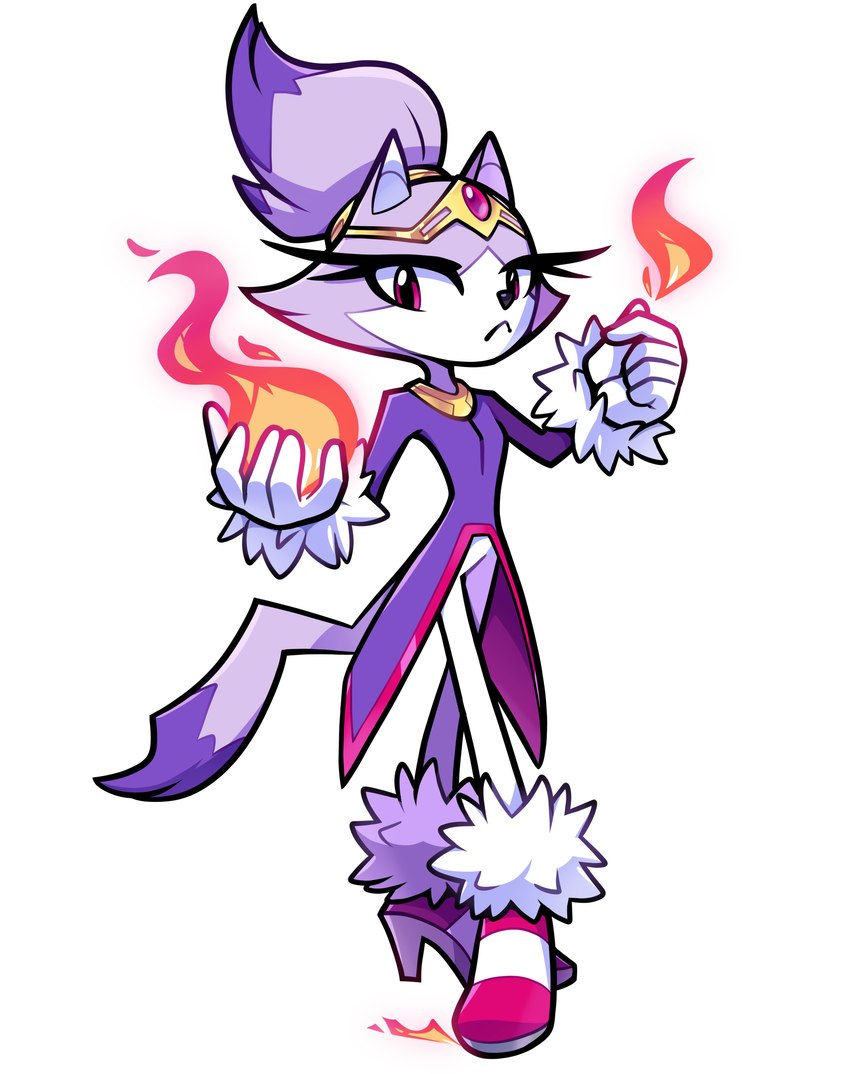 anthro clothing coat crown elemental_manipulation female fire fire_manipulation footwear gloves hair handwear headgear high_heels jewelry necklace ponytail purple_body purple_eyes shoes solo tail tiara topwear thousandarms sega sonic_the_hedgehog_(series) blaze_the_cat domestic_cat felid feline felis mammal absurd_res hi_res