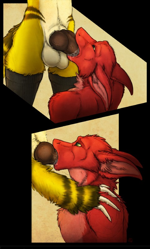 anthro balls bodily_fluids claws duo erection fellatio fur genitals knot male male/male oral penile penis red_body red_fur saliva sex tail text vein veiny_penis yellow_body yellow_fur olympiaxylaige mythology palace_(character) dragon furred_dragon furred_scalie mythological_creature mythological_scalie scalie hi_res url