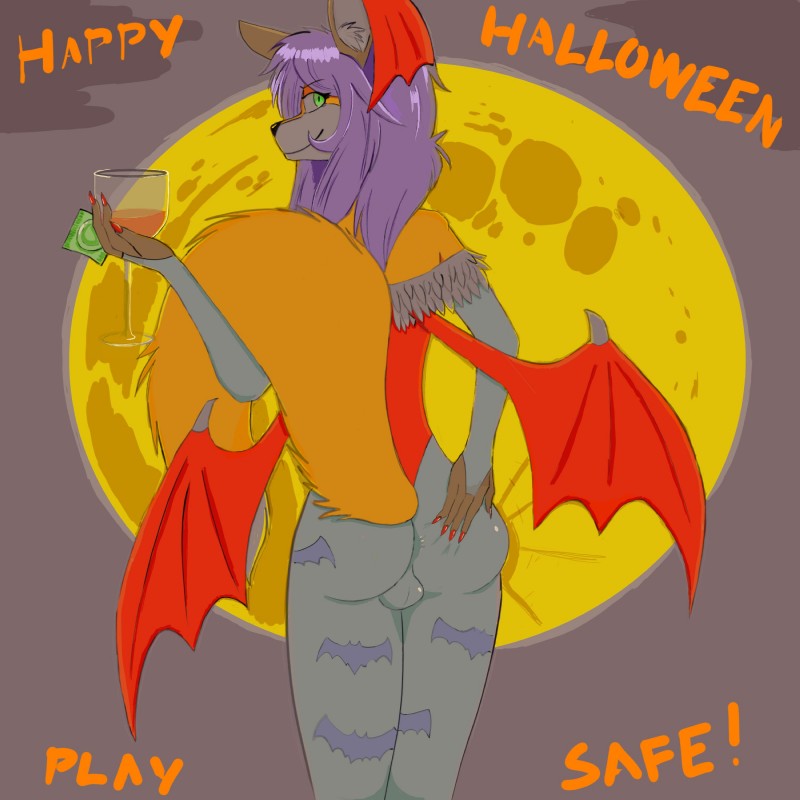 anthro balls biped butt clothing condom cosplay costume crossover_cosplay femboy genitals glass green_eyes hair holding_butt holding_object holidays long_hair long_tail male moon nails presenting purple_hair sexual_barrier_device smile solo tail wings foxtrap capcom darkstalkers halloween kichi lilith_aensland canid canine fox mammal 1:1 absurd_res crossover hi_res