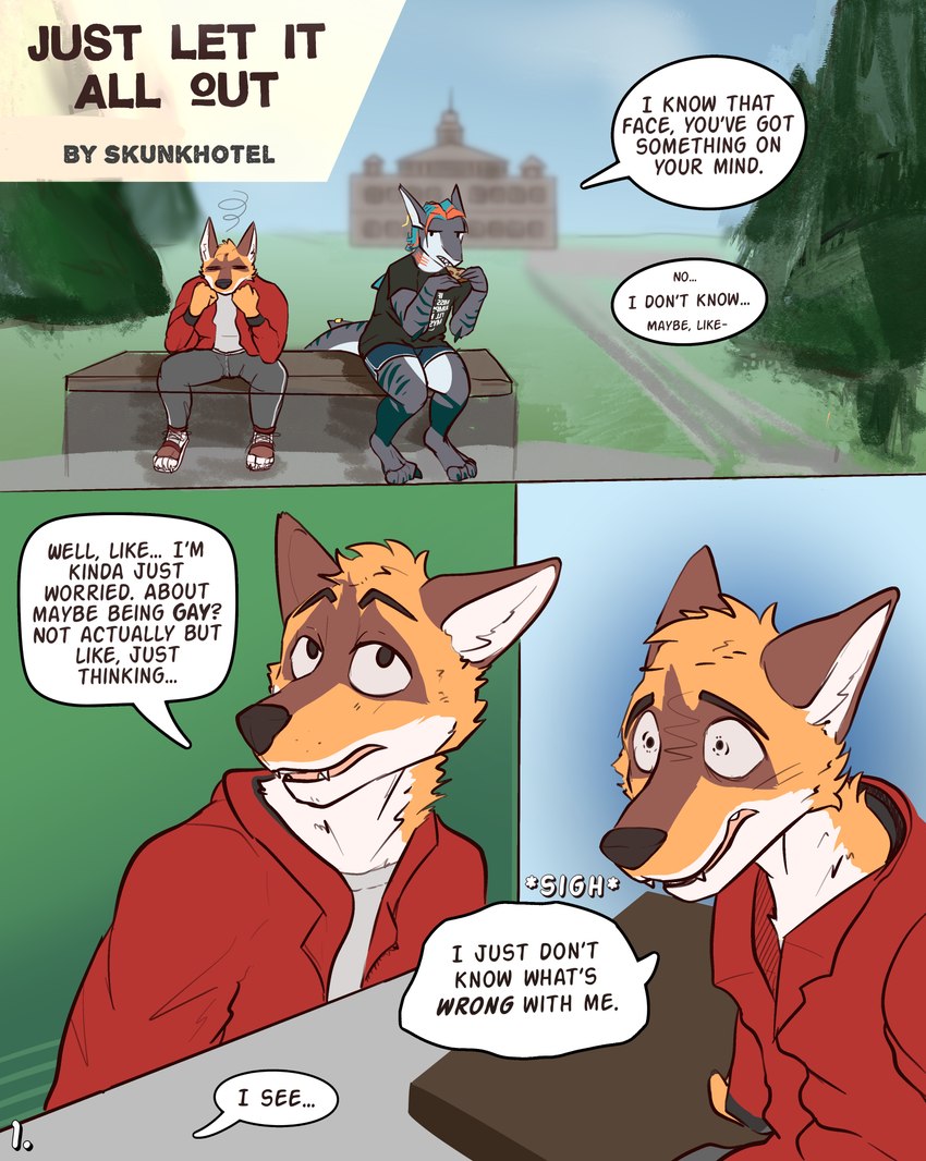 anthro clothed clothing dialogue duo food male male/male open_mouth orientation_play outside pizza text skunkhotel koki_(skunkhotel) canid canine fish mammal maned_wolf marine shark absurd_res comic english_text first_page hi_res