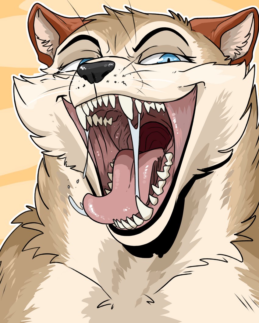 anthro blue_eyes bodily_fluids drooling fur male mouth_shot multicolored_body multicolored_fur open_mouth saliva sharp_teeth solo teeth tongue tongue_out imperatorcaesar gluttony_(changing_fates) canid canine mammal 4:5 absurd_res hi_res