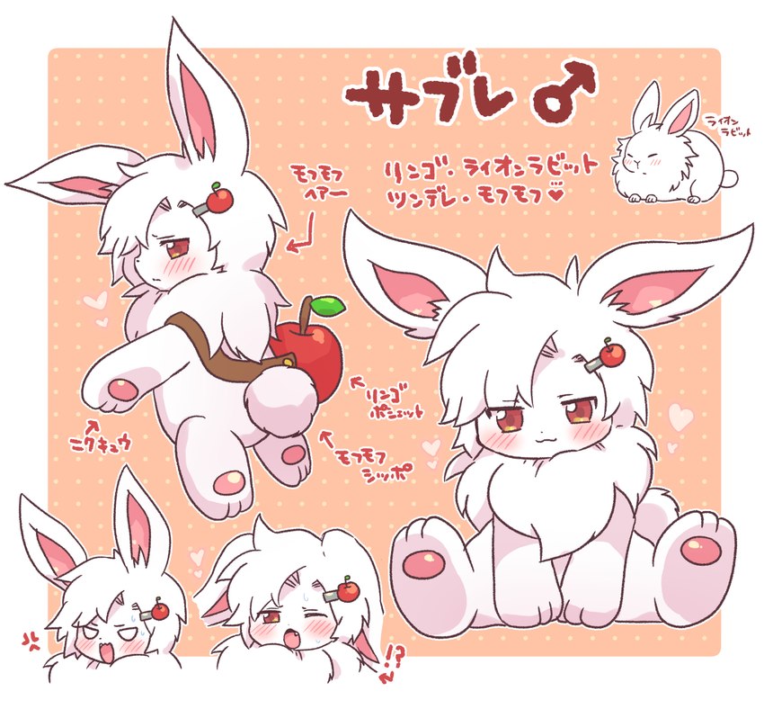 3_fingers 3_toes :3 ?! accessory ambiguous_gender angry anthro apple blush chibi cute_fangs ears_down fangs feet feral feralized fingers fluffy fluffy_tail food front_view fruit fur gender_symbol glistening glistening_eyes hair hair_accessory hairclip heart_symbol kemono looking_at_viewer looking_back looking_back_at_viewer male_symbol monotone_body monotone_fur monotone_hair monotone_tail multicolored_ears multiple_forms neck_tuft nude one_eye_closed open_mouth pawpads paws pink_inner_ear pink_pawpads pivoted_ears plant pupils rear_view red_eyes scut_tail semi-anthro short_hair short_tail shoulder_bag simple_background sitting solo standing symbol tail teeth text toes tuft two_tone_ears white_body white_ears white_fur white_hair white_tail gu_t_p lagomorph leporid lionhead_rabbit mammal rabbit absurd_res colored digital_media_(artwork) hi_res japanese_text model_sheet multiple_images shaded translated male_(lore)