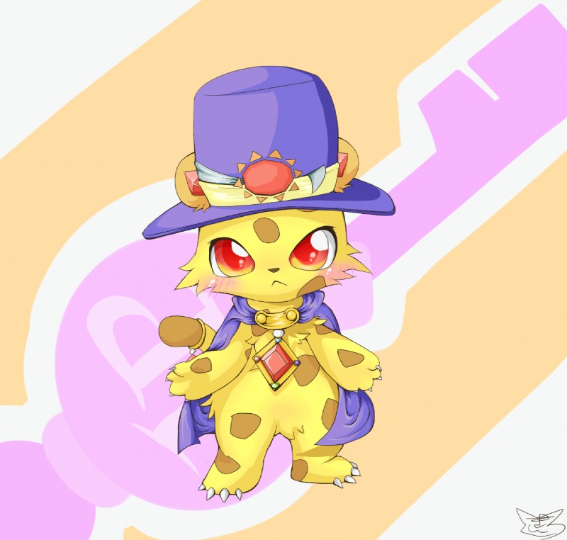 blush brown_body brown_fur brown_spots cape claws clothing feral fur furgonomics gem hat headgear headwear jewelry key male markings red_eyes simple_background solo spots spotted_body spotted_fur sun top_hat yellow_body yellow_fur kinshiro_kemo jewelpet sanrio sega sega_fave jasper_(jewelpet) cheetah felid feline mammal signature