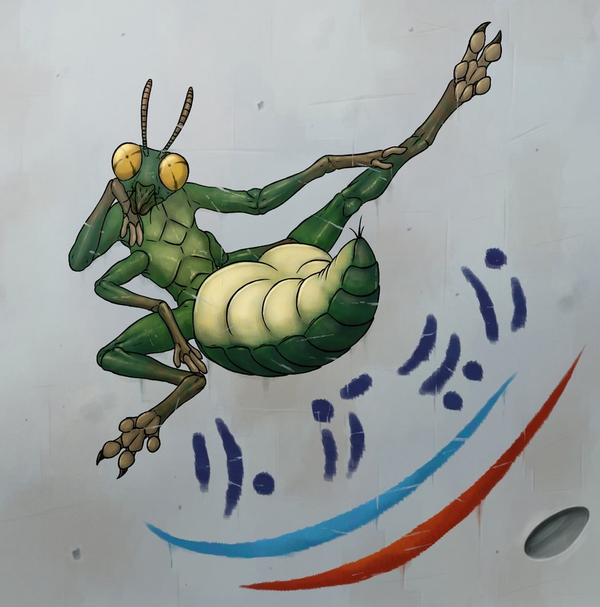 antennae_(anatomy) anthro arthropod_abdomen decal exoskeleton female green_body green_exoskeleton hand_on_leg multi_arm multi_limb nose_art raised_leg solo suggestive_pose yellow_eyes ramul arthropod hi_res