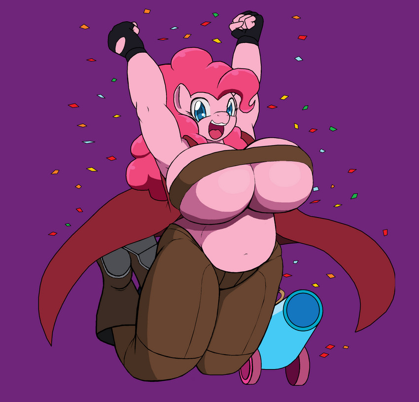 anthro big_breasts boots breasts cheerful cheering clothing female footwear huge_breasts jumping looking_at_viewer party_animal party_cannon shoes sleeveless_coat slightly_chubby slightly_chubby_female solo droll3 capcom devil_may_cry devil_may_cry_3 friendship_is_magic hasbro my_little_pony pinkie_pie_(mlp) equid equine horse mammal pony crossover hi_res