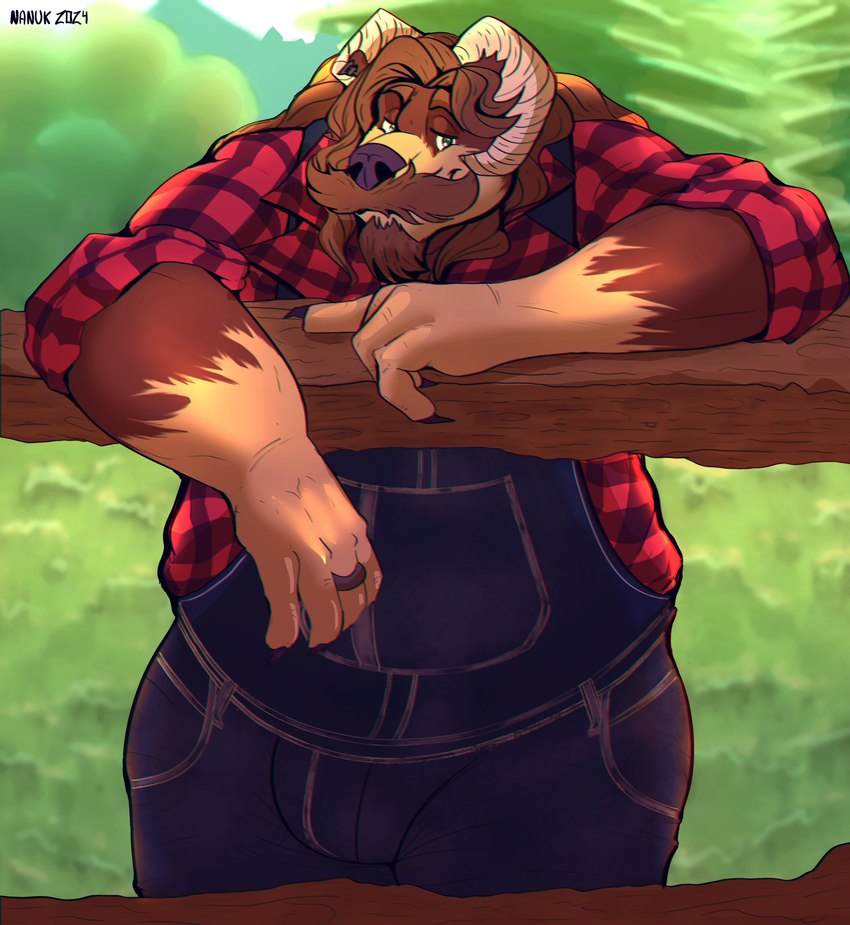 anthro brown_body brown_fur brown_hair claws clothed clothing countryside cowboy facial_hair farmer fence fur green_eyes hair horn male manly mustache overweight overweight_male solo nanuk_(artist) bernardo_dangelo bear mammal absurd_res hi_res