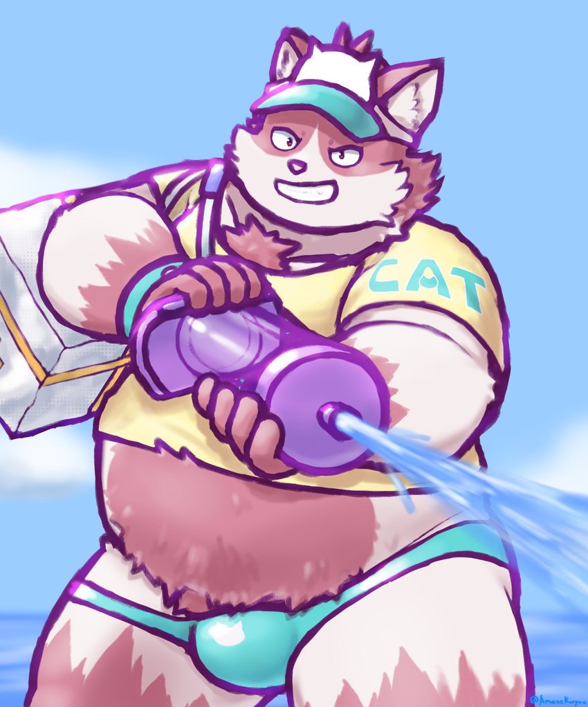 anthro bellyt bulge clothing crop_top fur grin hat headgear headwear male overweight pink_body pink_fur shirt smile solo speedo swimwear topwear toy toy_gun visor_cap water_gun amanekiryuu tamacolle bungo_(tamacolle) domestic_cat felid feline felis mammal hi_res