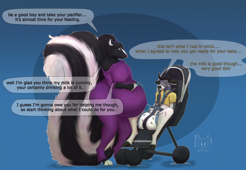 ageplay anthro big_breasts black_body breasts clean_diaper clothed clothing dialogue diaper duo female fluffy fluffy_tail fur good_boy hair horn infantilism long_hair looking_at_viewer male male/female pregnant pregnant_female purple_clothing roleplay simple_background speech_bubble standing stroller tail text wearing_diaper white_body white_diaper malekart bovid bovine cattle mammal mephitid skunk 2021 digital_drawing_(artwork) digital_media_(artwork) english_text hi_res shaded signature