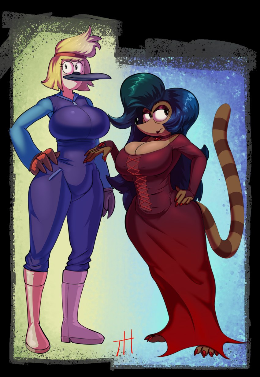 anthro black_hair blonde_hair breasts colored_nails cosplay duo female hair hand_on_hip nails red_nails standing thingshappen cartoon_network ok_k.o.!_let's_be_heroes regular_show barbera_(regular_show) carol_kincaid hilary_(regular_show) wilhamena avian bird blue_jay corvid jay_(bird) mammal new_world_jay oscine passerine procyonid raccoon 2021 alpha_channel hi_res