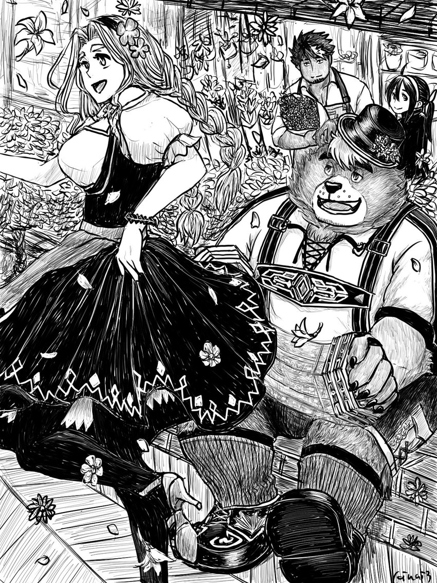 anthro clothing dancing female flower group hair hat headgear headwear lederhosen long_hair male plant trio kinai_the_3rd lifewonders live_a_hero flamier_(live_a_hero) goro_(live_a_hero) lilac_(live_a_hero) bear human mammal 3:4 hi_res monochrome sketch