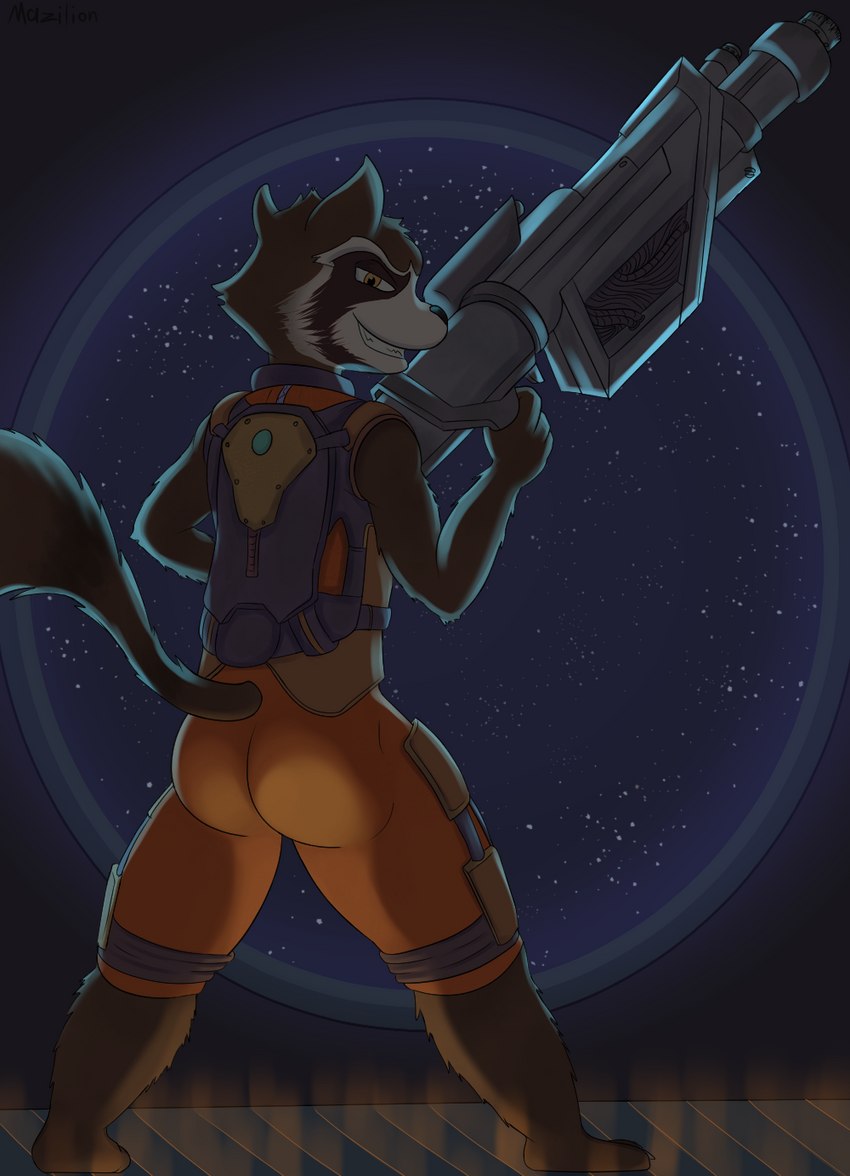 anthro butt clothed clothing fully_clothed gun male ranged_weapon science_fiction solo space spacecraft spacesuit star vehicle weapon mazilion guardians_of_the_galaxy marvel rocket_raccoon mammal procyonid raccoon hi_res