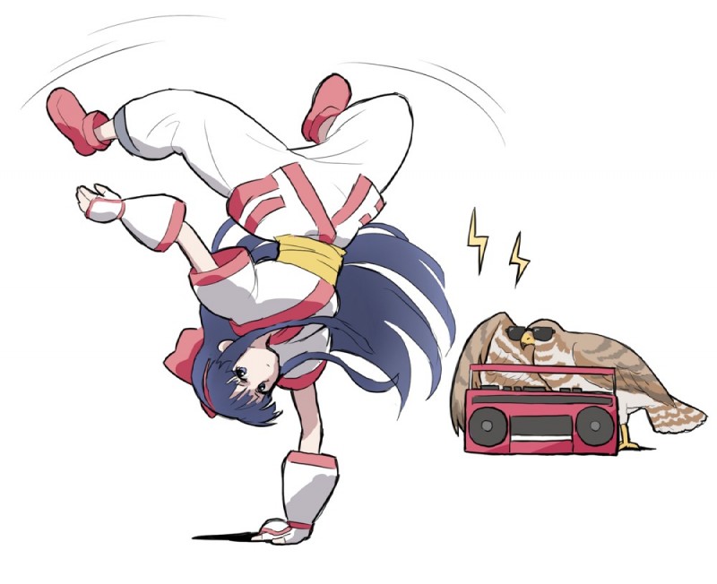 accessory black_hair boombox breakdancing dancing duo eyewear hair hair_accessory hair_ribbon human_focus long_hair not_furry_focus ribbons sunglasses unknown_artist samurai_shodown mamahaha nakoruru accipitrid accipitriform avian bird human mammal