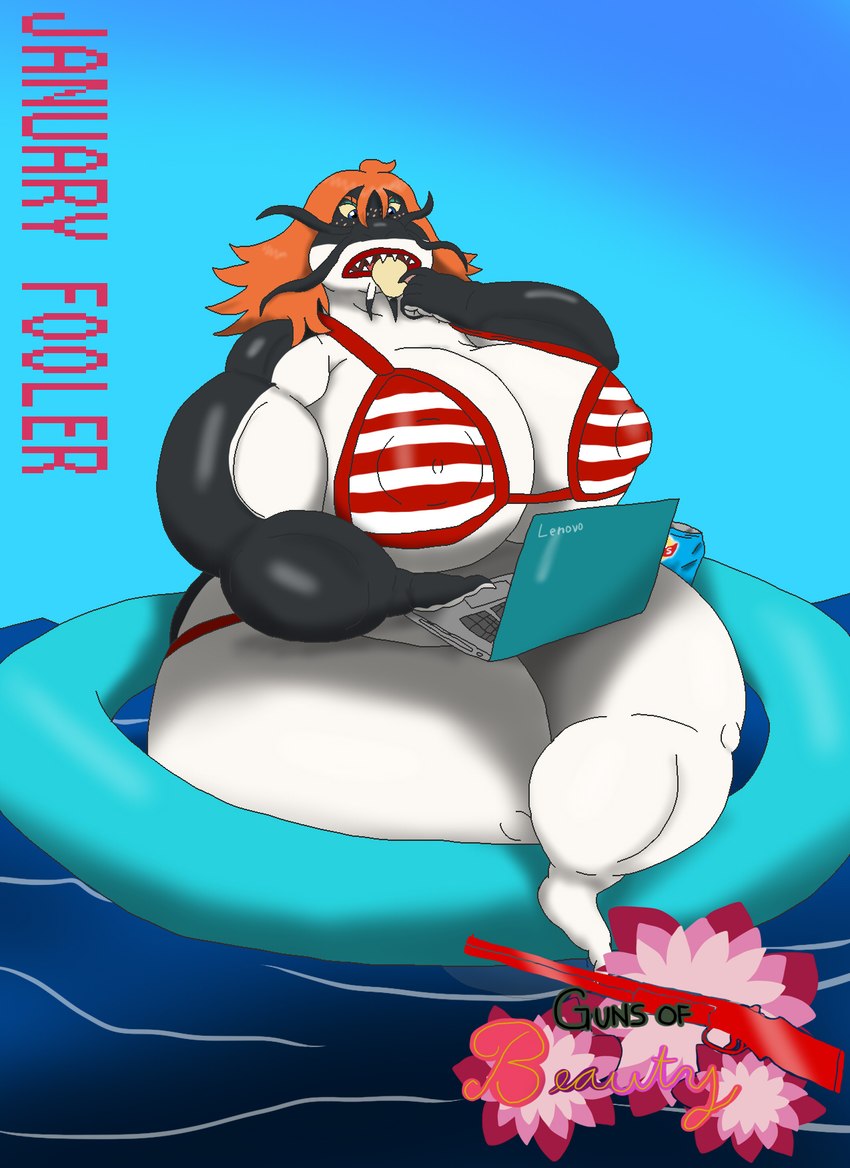 anthro big_breasts bikini breasts chips_(food) clothing computer electronics female food huge_breasts hyper hyper_breasts laptop muscular overweight overweight_female pool_float sea solo swimwear thick_thighs two-piece_swimsuit water wide_hips alythewolfcat january_fooler catfish fish marine hi_res