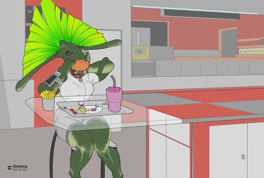 anthro beverage bottomwear breasts burger chair clothing drinking_straw eating feather_hair feathers female food food_court fries furniture glass_table non-mammal_breasts pseudo_hair purple_eyes short-sleeve_shirt shorts sitting solo tentacles_around_arms tray wrist_computer ximema pinwheel_(snekguy) snekguy alien reptile scalie valbaran 2021 hi_res watermark