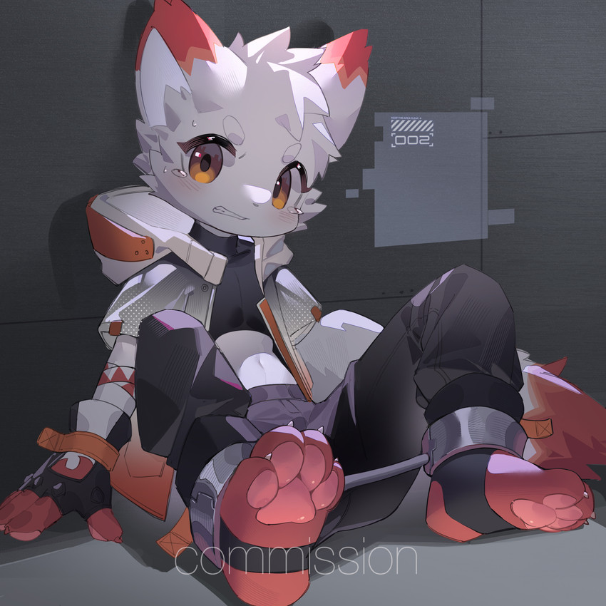 4_fingers 4_toes ankle_cuffs anthro black_bottomwear black_clothing black_crop_top black_gloves black_handwear black_nose black_pants black_shirt black_topwear blush blush_lines bodily_fluids bottomwear bound cheek_tuft circle_eyebrows claws clenched_teeth clothed clothing concrete_floor crop_top cropped_hoodie cropped_jacket crying cuff_(restraint) dipstick_ears dipstick_tail ear_markings eyebrows facial_tuft feet finger_claws fingerless_gloves fingers foot_fetish foot_focus footwear fur gloves gloves_(marking) grey_background handwear head_tuft hoodie imminent_tickling jacket kemono leg_markings looking_at_viewer male markings multicolored_body multicolored_ears multicolored_fur navel nervous number pants pawpads paws pink_pawpads red_body red_clothing red_ear_tips red_ears red_feet red_fur red_hands red_hoodie red_jacket red_paws red_tail red_tail_tip red_topwear restraints screen shadow shirt simple_background socks socks_(marking) solo stirrup_legwear stirrup_socks straps sweat sweatdrop tail tail_markings tears teeth text toe_claws toeless_legwear toes topwear tuft two_tone_body two_tone_fur wall_(structure) white_body white_clothing white_ears white_eyebrows white_fur white_hoodie white_jacket white_tail white_topwear yellow_eyes young young_anthro young_male emolga_1 canid canine canis fox mammal 1:1 absurd_res hi_res watermark