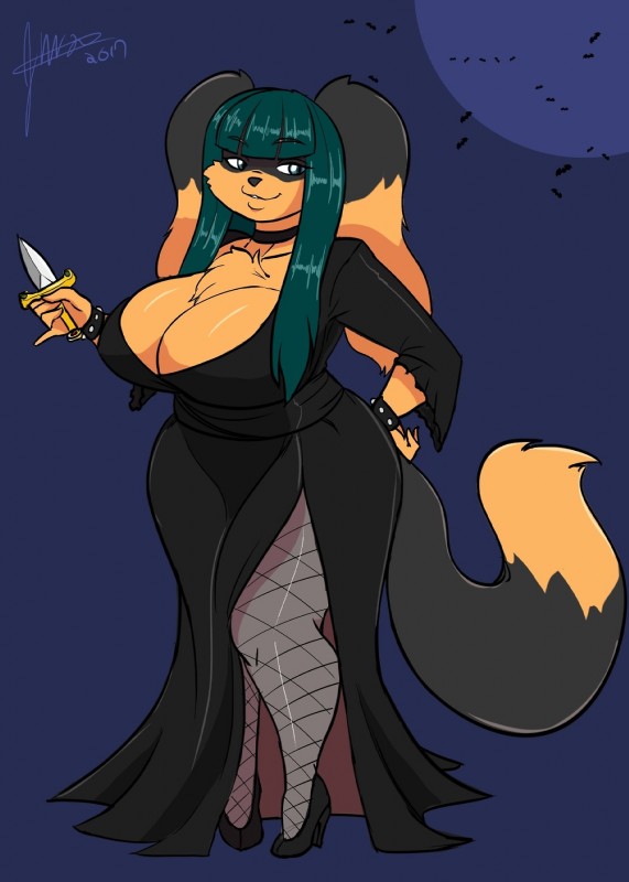 anthro big_breasts breasts cleavage cloak clothed clothing cosplay costume dagger female fishnet_clothing fishnet_leggings fishnet_legwear footwear fur green_hair hair high_heels holidays leggings legwear melee_weapon moon night orange_body orange_fur shoes smile solo tail weapon jwinkz elvira:_mistress_of_the_dark halloween elvira_(mistress_of_the_dark) zoey_(jwinkz) canid canine canis domestic_dog mammal 2017 hi_res