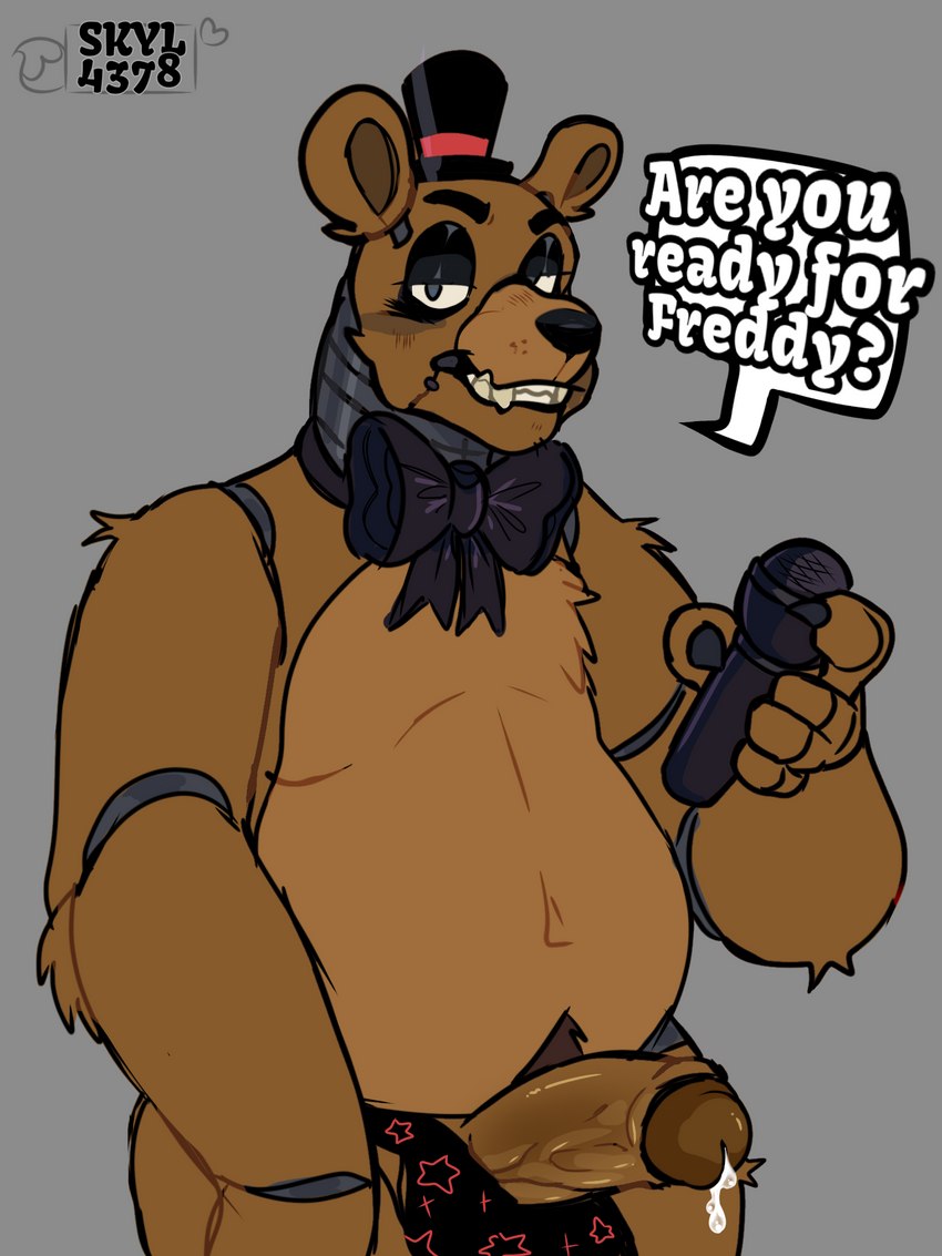 anthro balls bodily_fluids bow_tie boxers_(clothing) clothing cum dialogue electronics genital_fluids genitals grin hat headgear headwear machine male microphone musclegut muscular overweight overweight_male penis precum smile smug solo teeth text top_hat underwear skyl4378 five_nights_at_freddy's scottgames freddy_(fnaf) animatronic bear mammal robot 2023 3:4 digital_media_(artwork) english_text hi_res