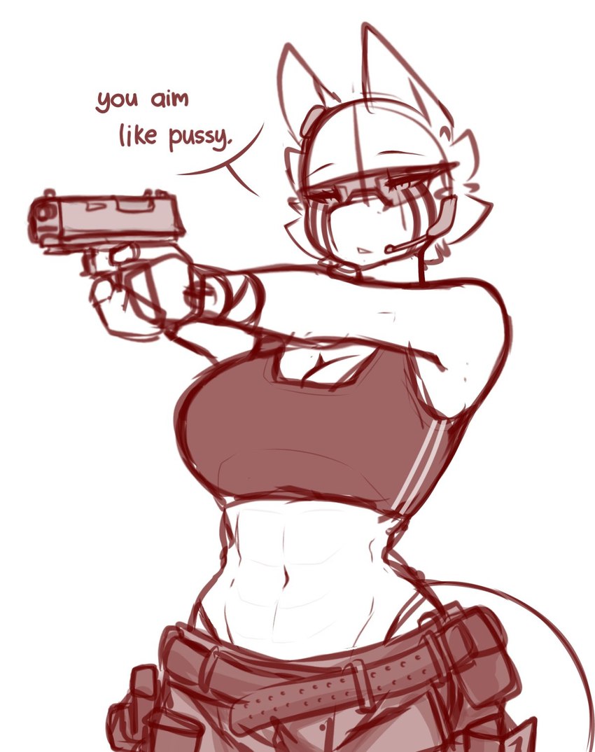 anthro belly belt big_breasts biped bra breasts cleavage clothed clothing curvy_figure ears_up electronics eyelashes eyewear facial_markings female front_view fur glasses gun hair handgun head_markings headgear headphones headset holding_gun holding_handgun holding_object holding_ranged_weapon holding_weapon hourglass_figure legwear markings navel non-mammal_breasts non-mammal_navel open_mouth panties profanity ranged_weapon simple_background simple_eyebrows solo speech_bubble sport sports_bra standing tail text tuft underwear weapon wearing_glasses white_background white_body wide_hips juppi citadel_(juppi) reptile scalie snake 2024 english_text hi_res monochrome sepia sketch