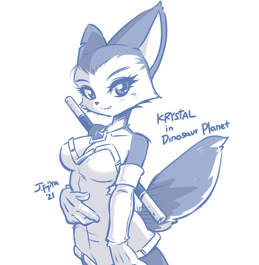 anthro breasts cleavage clothed clothing dress female fur looking_at_viewer minidress simple_background solo text tribal white_background j-fujita dinosaur_planet nintendo rareware krystal_(dinosaur_planet) felid feline mammal 2021 blue_and_white monochrome signature