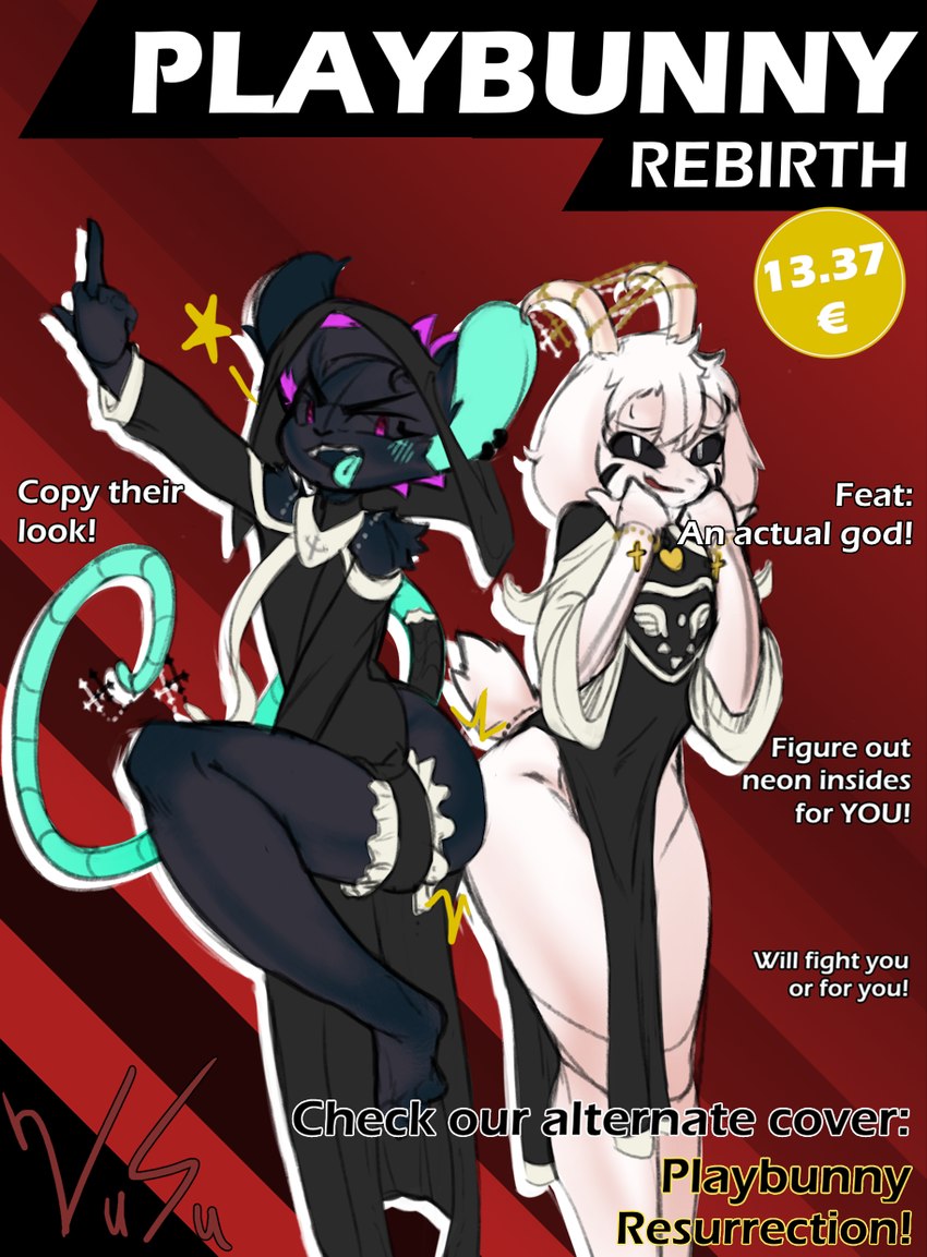 anthro ass_to_ass black_body black_fur black_sclera blue_insides bow_tie butt_bump clothed clothing costume cyan_insides duo fake_ears femboy fictional_magazine_cover fur hair hand_on_face headgear headwear leaning leaning_forward legband legwear leotard looking_at_viewer male nun_outfit one_leg_up pink_eyes pink_hair price_tag raised_leg smile squish tail text thigh_squish thighband white_body white_fur wide_hips vank_shush undertale undertale_(series) asriel_dreemurr_(god_form) redge_(whygena) animal_humanoid boss_monster_(undertale) bovid caprine goat humanoid mammal mammal_humanoid murid murine rat rodent cover digital_drawing_(artwork) digital_media_(artwork) english_text hi_res magazine_cover