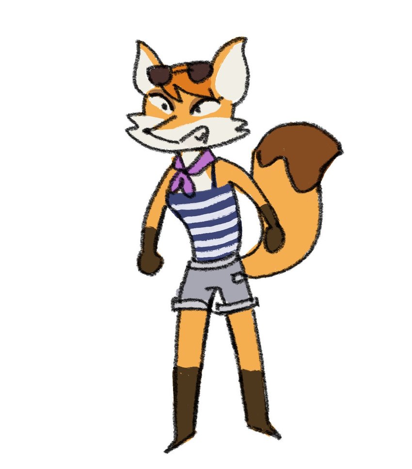 anthro bottomwear brown_tail_tip clothing dipstick_tail eyewear female hair markings orange_hair shorts simple_background solo sunglasses tail tail_markings topwear tube_top white_background sahbeetle clever_raccoon_dog sek_studio vixen_thief_(clever_raccoon_dog) yeou_doduk canid canine fox mammal hi_res