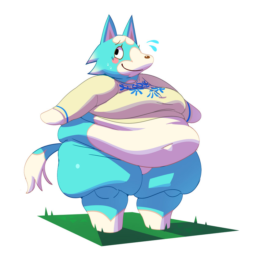 anthro belly big_belly blue_body blue_fur bodily_fluids bottomless breasts clothed clothing female flying_sweatdrops fur navel obese obese_anthro obese_female overweight overweight_anthro overweight_female simple_background smile solo sweat sweatdrop white_background white_body white_fur mintrimo animal_crossing nintendo skye_(animal_crossing) canid canine canis mammal wolf hi_res