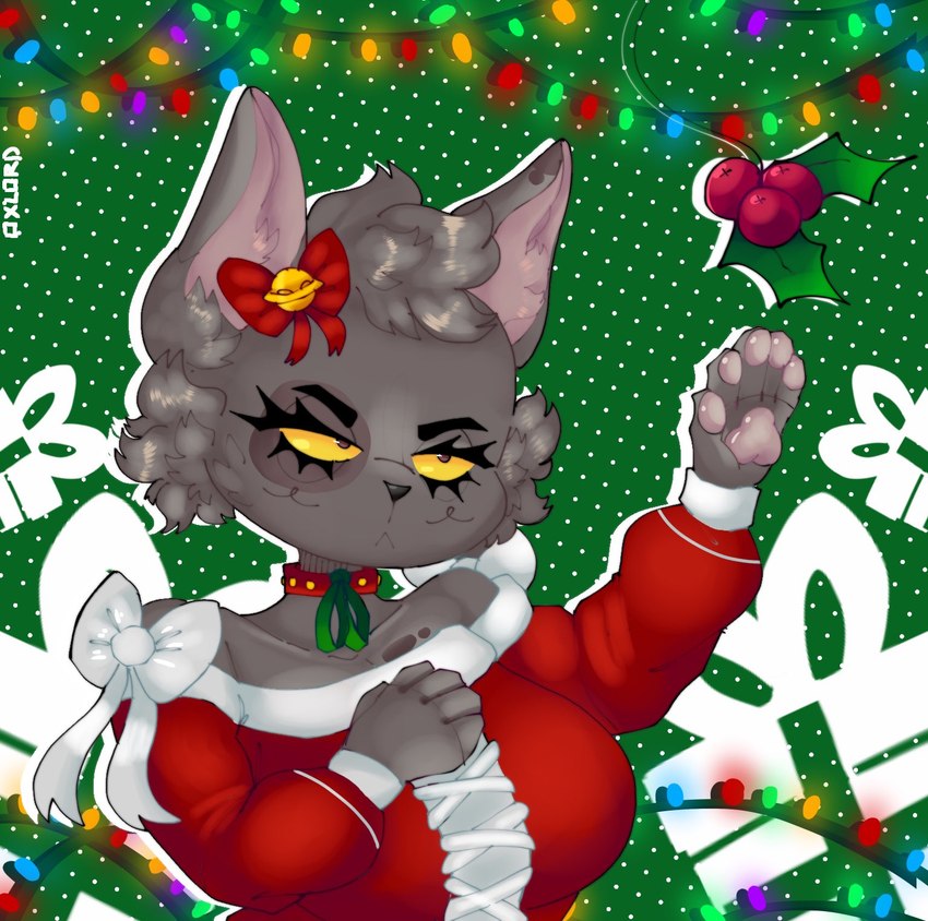 anthro bean big_breasts breasts brown_body christmas_clothing clothing collar female holidays paws solo rawox_style christmas aqua_(codigsans) domestic_cat felid feline felis mammal hi_res