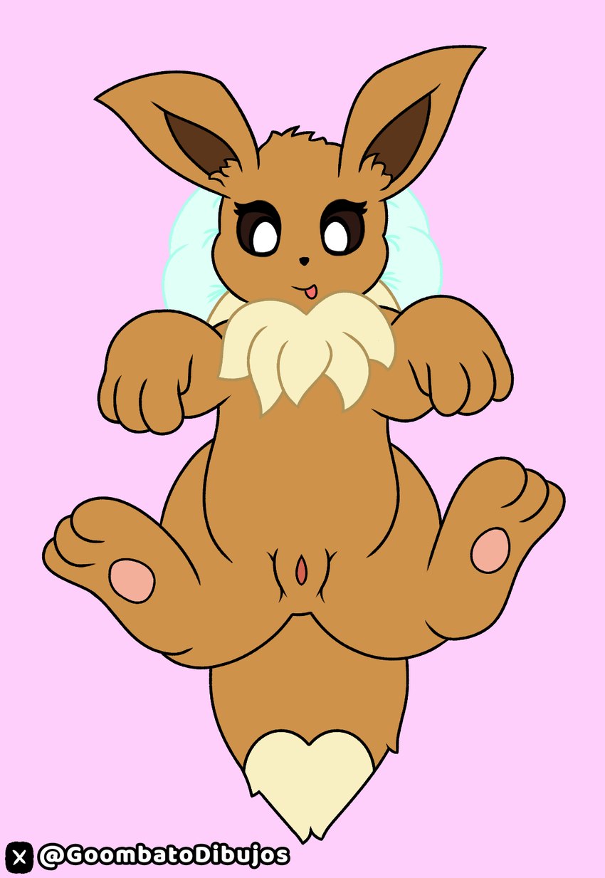 brown_body brown_fur dipstick_tail eyes_closed female feral fur genitals lying markings on_back pink_background pussy simple_background smile solo tail tail_markings toony goombato_dibujos nintendo pokemon eevee generation_1_pokemon pokemon_(species) flat_colors hi_res