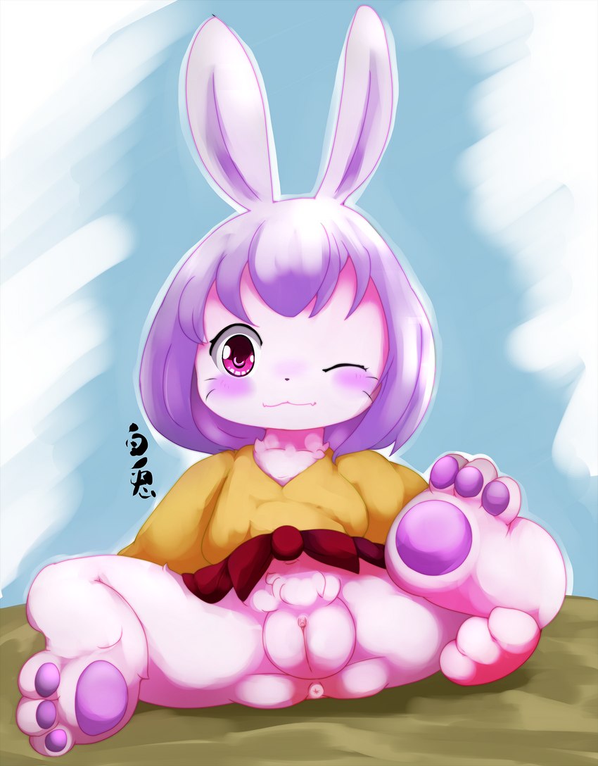 anthro anus blush bottomless butt clitoris clothed clothing female fur genitals hair navel one_eye_closed pawpads paws pink_eyes purple_hair pussy sitting solo spread_legs spreading white_body white_fur young young_anthro young_female cathand yakami_hime_anime shirousagi lagomorph leporid mammal rabbit hi_res