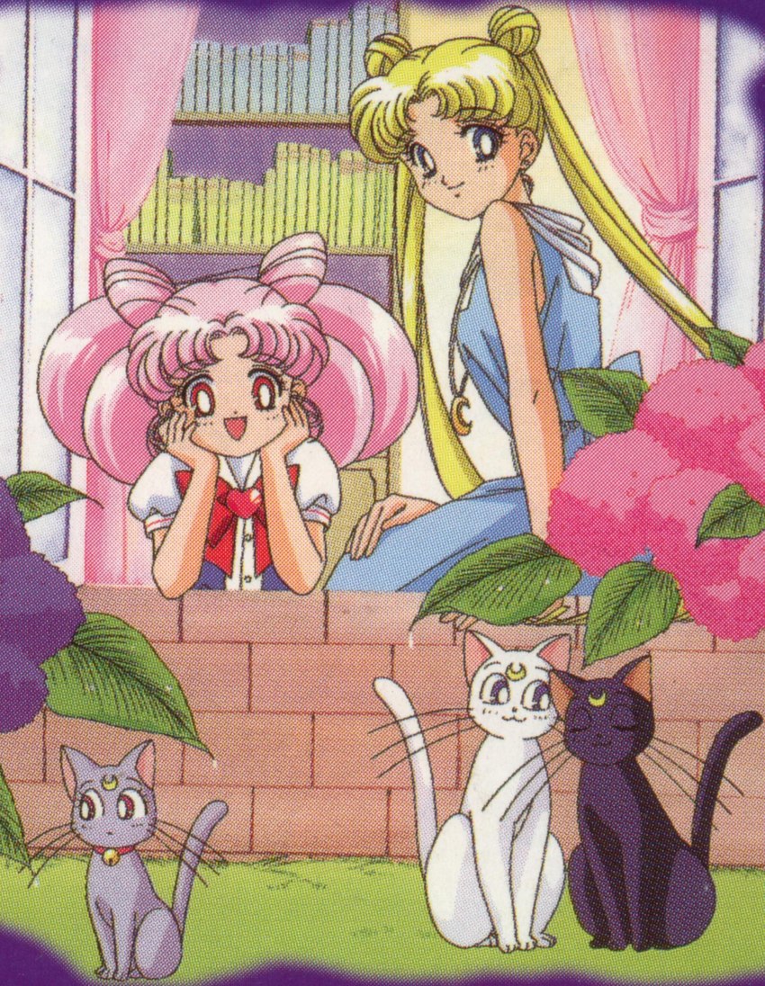 bell bell_collar blonde_hair brooch collar female group hair jewelry male necklace pink_hair red_eyes sitting sailor_moon_(series) artemis_(sailor_moon) chibi_usa diana_(sailor_moon) luna_(sailor_moon) usagi_tsukino domestic_cat felid feline felis human mammal absurd_res hi_res official_art