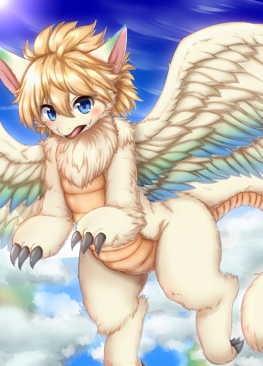 ambiguous_gender anthro blue_eyes blush claws looking_at_viewer open_mouth solo tail tongue wings horokusa0519 mana_(series) mythology square_enix dragon flammie mythological_creature mythological_scalie scalie hi_res