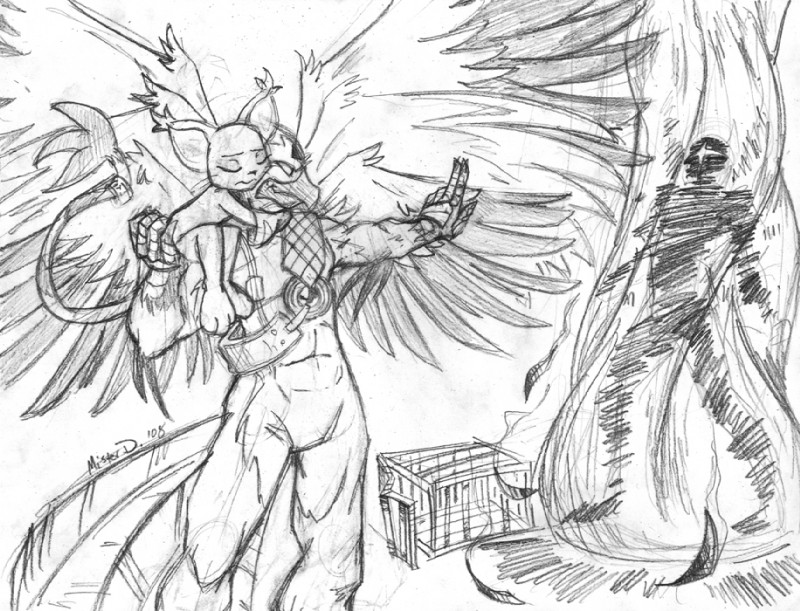 anthro attack burn cage collar duo_focus feathered_wings feathers female fire group male silhouette tail wings mister_d bandai_namco digimon european_mythology greek_mythology mythology foxstar avian digimon_(species) felid gatomon mammal mythological_avian mythological_bird mythological_creature mythological_firebird phoenix seraphimon 2008 greyscale monochrome sketch