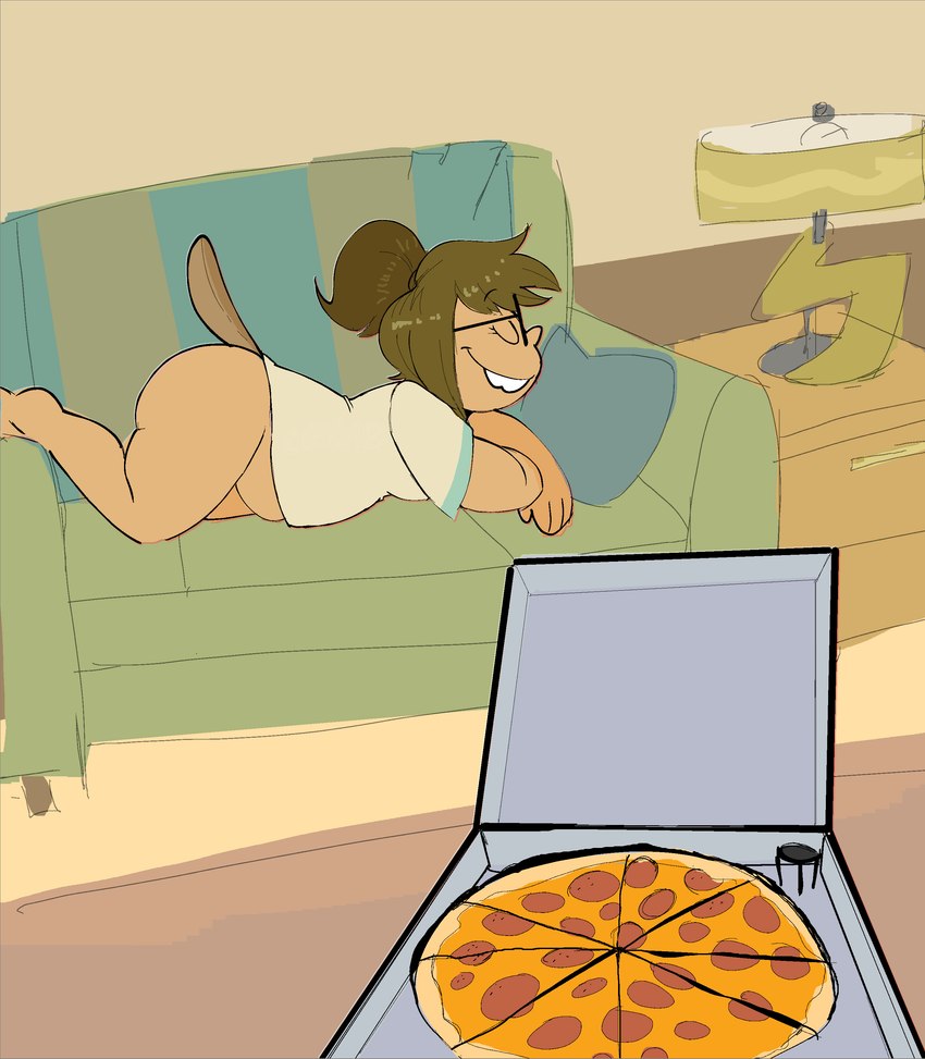 anthro barefoot bottomless brown_hair buckteeth clothed clothing container eyewear feet female food furniture glasses hair pizza pizza_box ponytail slightly_chubby slightly_chubby_female slutty_face sofa solo teeth cchilab cartoon_network regular_show eileen_roberts beaver mammal rodent absurd_res hi_res