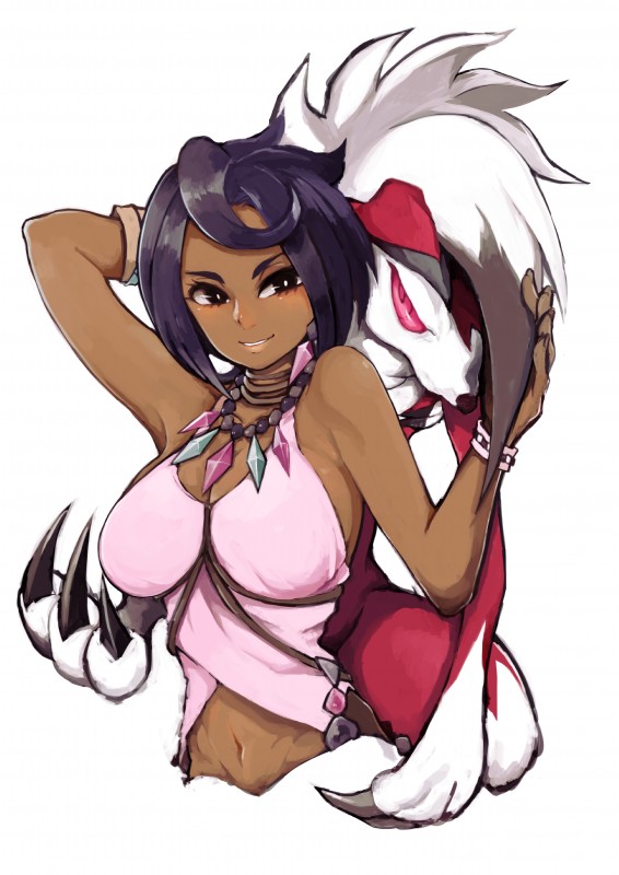 ambiguous_gender breasts brown_body brown_eyes brown_skin claws clothed clothing cupping dark_body dark_skin duo female fur human_focus jewelry midriff navel necklace not_furry_focus pink_eyes red_body red_fur shirt simple_background smile tank_top topwear white_background white_body white_fur おこめ nintendo pokemon olivia_(pokemon) generation_7_pokemon human lycanroc mammal midnight_lycanroc pokemon_(species) absurd_res hi_res