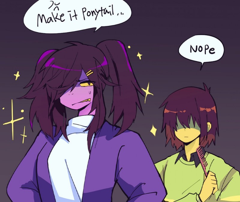 5_fingers alternate_hairstyle anthro brush clothed clothing comb_(brush) duo female fingers hair hairbrush holding_brush holding_comb holding_hairbrush holding_object male simple_background teeth chokaso deltarune undertale_(series) kris_(deltarune) susie_(deltarune) human mammal reptile scalie 2019 digital_media_(artwork)