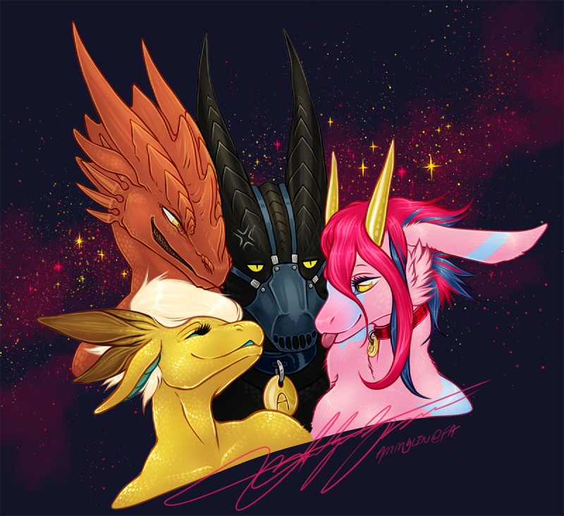 2_horns 4_horns anthro black_body black_horn black_scales breasts cheek_spikes collar collar_tag eyelashes facial_spikes female fur group hair horn long_ears male mask medium_breasts multi_horn muzzle_(object) muzzled pink_hair red_body red_horn red_scales ridged_horn scales space spikes spikes_(anatomy) star teeth tongue tongue_out white_hair yellow_body yellow_eyes yellow_horn yellow_scales ammylin mythology ammylin_(character) naxther trejah vellareth_(ammylin) dragon furred_dragon furred_scalie mythological_creature mythological_scalie scalie 2016