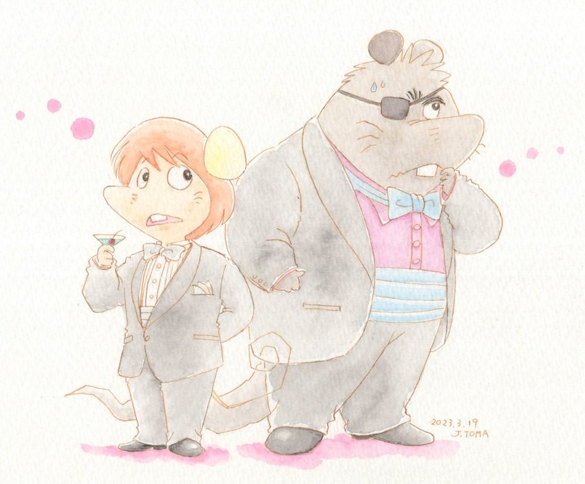 anthro biped bottomwear bow_tie clothing duo eye_patch eyewear male pants shirt solo suit topwear jinn24149477 gamba_no_bouken gamba_no_bouken_(series) ikasama yoisho mammal mouse murid murine rodent 2023