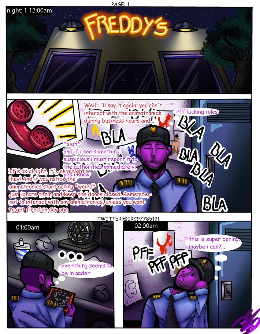 anthro dialogue electronics female male phone phone_call security security_guard solo text irc_(artist) five_nights_at_freddy's scottgames bonnie_(fnaf) chica_(fnaf) foxy_(fnaf) freddy_(fnaf) phone_guy_(fnaf) purple_guy_(fnaf) avian bear bird canid canine canis chicken fox galliform gallus_(genus) human humanoid lagomorph leporid mammal phasianid rabbit absurd_res comic english_text hi_res