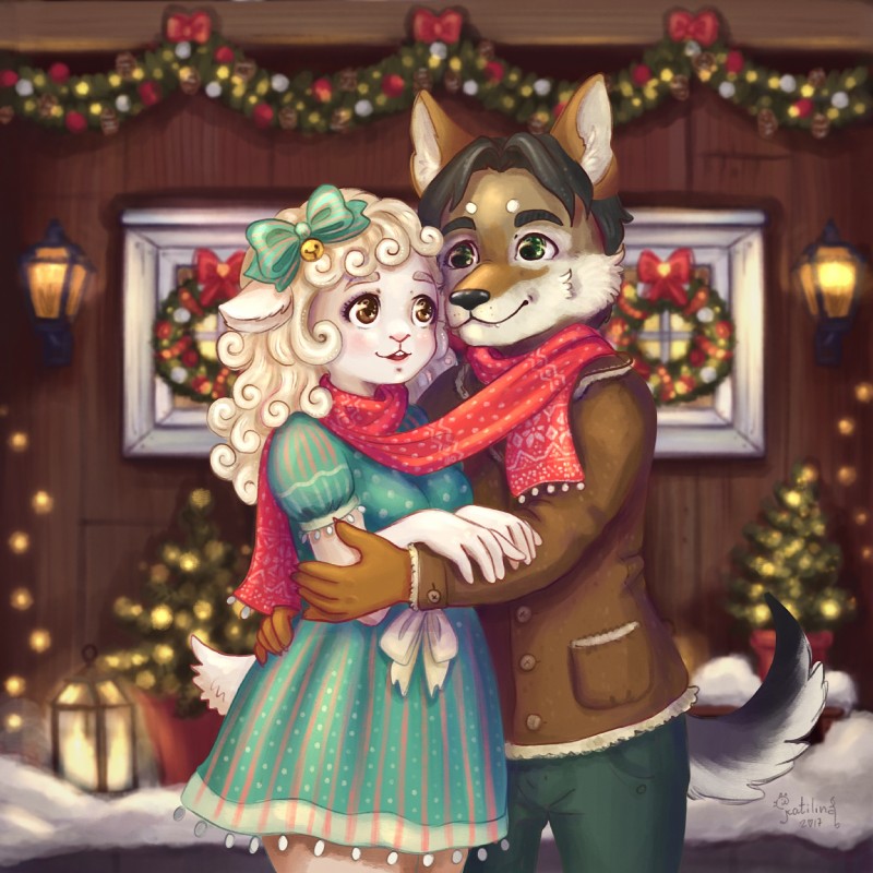 accessory anthro bow_(feature) bow_accessory bow_ribbon breasts clothed clothing coat dress duo female hair hair_accessory hair_bow hair_ribbon holidays male ribbons scarf topwear katilina_(artist) christmas bovid canid canine canis caprine mammal sheep wolf 1:1 hi_res