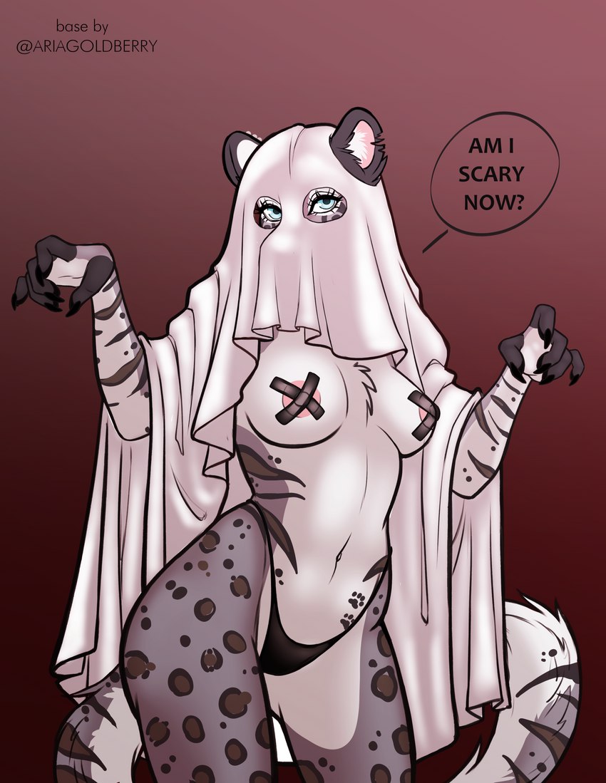 anthro areola areola_slip big_tail blue_eyes breasts chest_tuft clothing dialogue female fur ghost_costume grey_body grey_fur holidays looking_at_viewer markings medium_breasts midriff navel nipple_covers nipple_outline nipple_tape notched_ear pasties piercing pink_areola red_background simple_background solo speech_bubble spots spotted_body spotted_fur spotted_markings striped_body striped_fur striped_markings stripes tail talking_to_viewer tape text tuft underwear white_body white_fur wide_hips ariagoldberry niexie halloween tiggi_astartes tigris_astartes felid feline hybrid mammal pantherine siberian_tiger snow_leopard tiger 2022 absurd_res english_text hi_res