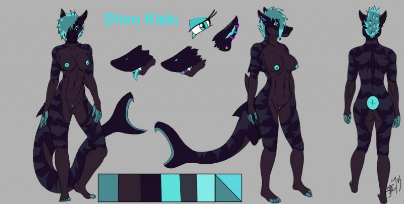 anthro biped breasts color_swatch ear_fins female fin genitals hair non-mammal_breasts nude pussy side_view solo standing tail tail_fin text jstarwolf13 shiro_kiski fish marine shark 2015 character_name model_sheet