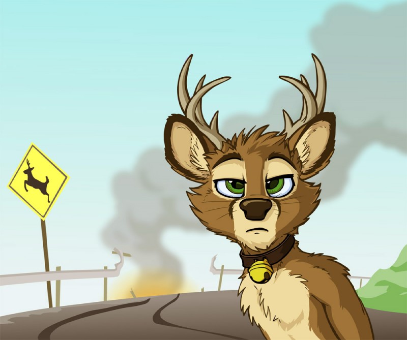 anthro antlers bell bell_collar brown_body brown_fur car_accident clothed clothing collar deer_crossing fire fur green_eyes half-closed_eyes horn looking_at_viewer male narrowed_eyes outside smoke solo topless whiskers tirrel tirrel_(tirrel) deer mammal