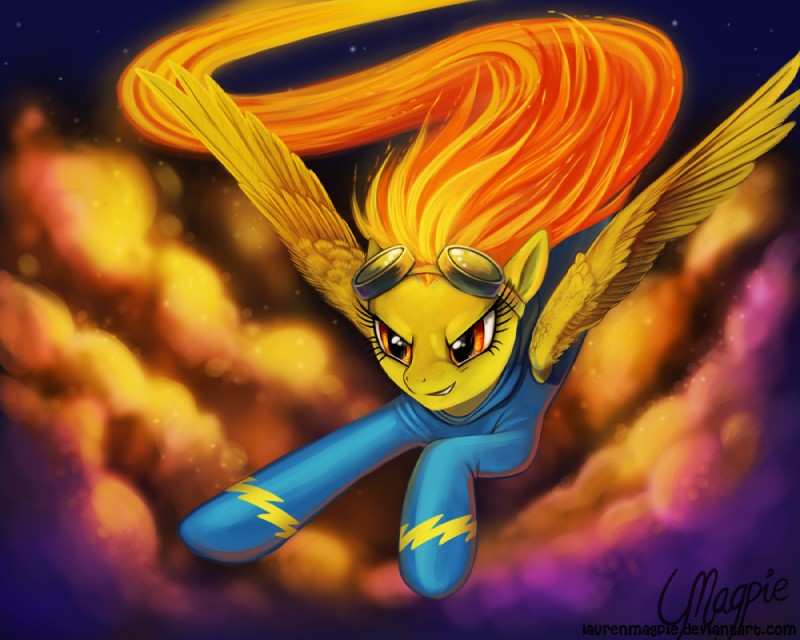 cloud eyewear feathered_wings feathers female feral fire goggles outside solo wings yellow_body yellow_feathers magpie_(artist) friendship_is_magic hasbro my_little_pony mythology spitfire_(mlp) wonderbolts_(mlp) equid equine mammal mythological_creature mythological_equine pegasus 5:4