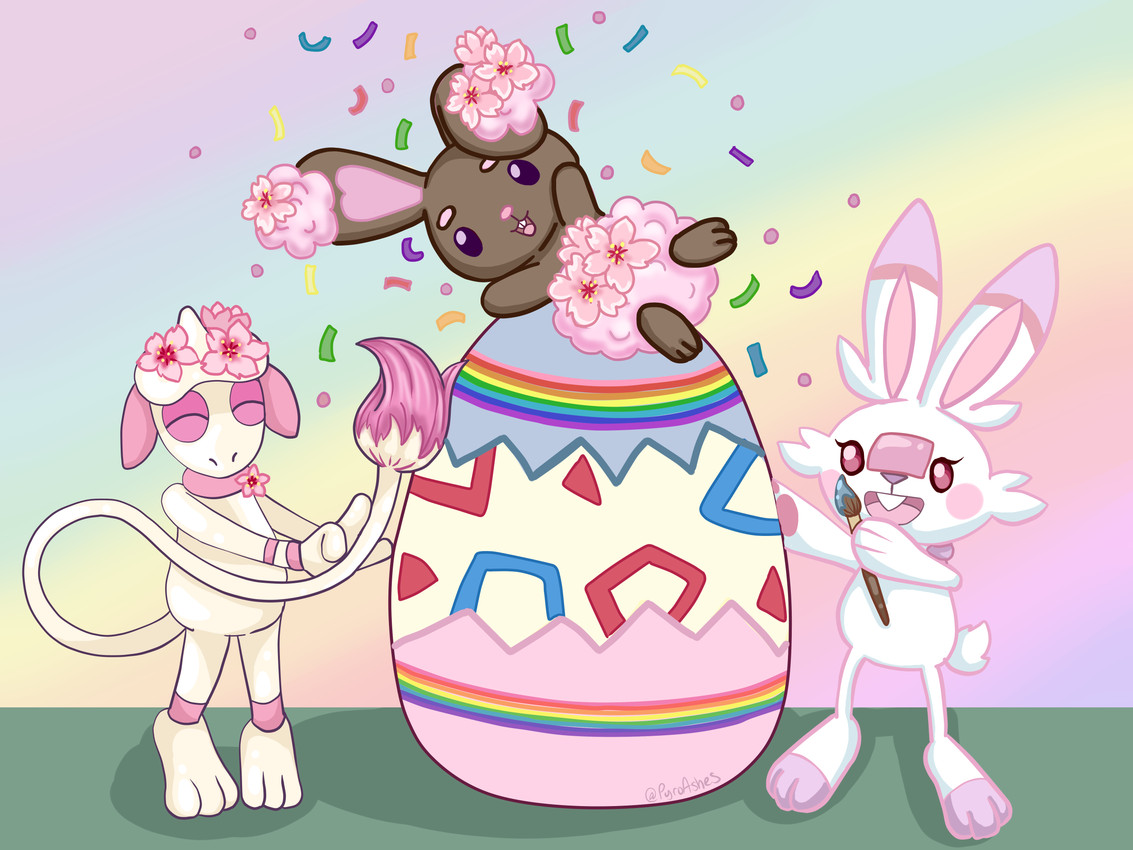 ambiguous_gender confetti easter_egg feral group holidays smile trio pyroashes easter nintendo pokemon easter_bunny buneary generation_2_pokemon generation_4_pokemon generation_8_pokemon pokemon_(species) scorbunny smeargle 4:3 absurd_res hi_res pastel_theme