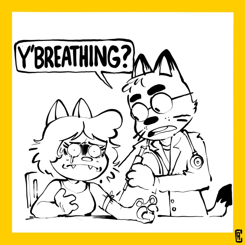 anthro black_and_white_and_yellow doctor duo eyewear female glasses hair injection male medical_instrument scientific_instrument short_hair simple_background speech_bubble stethoscope syringe text yellow_monochrome creator_ant amy_(creator_ant) domestic_cat felid feline felis mammal 1:1 black_and_white english_text hi_res monochrome