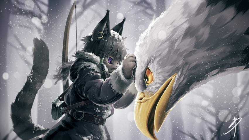 ambiguous_gender anthro beak belt bow_(weapon) clothing coat duo ear_piercing ear_ring feathers feral fur grey_body grey_fur grey_hair hair handpaw inner_ear_fluff kemono larger_feral looking_at_another open_mouth paws piercing plant purple_eyes quiver_(object) ranged_weapon ring_piercing size_difference smaller_anthro snow snowing striped_body striped_fur stripes topwear tree tuft weapon white_body white_feathers yellow_eyes blaedic accipitrid accipitriform avian bald_eagle bird eagle felid feline lynx mammal sea_eagle 16:9 2020 4k absurd_res digital_media_(artwork) hi_res shaded signature widescreen